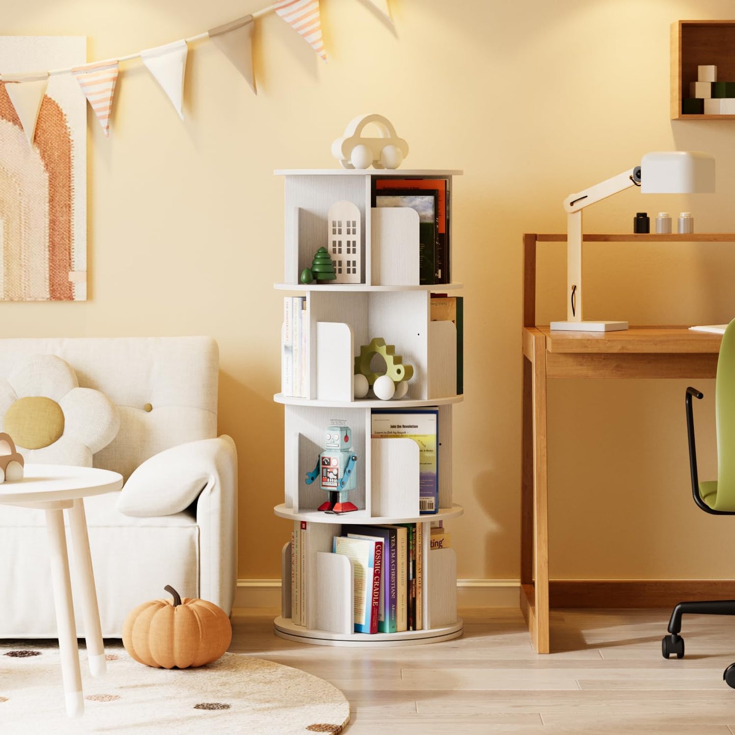 APPOLYN 4 Tier Rotating Bookshelf, 360 Display Spinning Bookcase, White