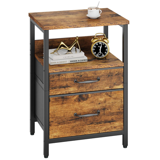 YMYNY Bedside Table, Bedroom Bedside Cabinet with 2 Fabric Drawers, Open Shelf Unit, Metal Frame, Nightstand, End Table, Chest of Drawers, Storage