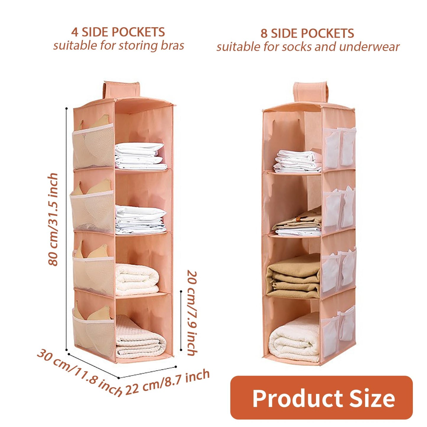 DQZSY Pack of 2 Hanging Shelves Wardrobe, 4 Compartments Hanging Organiser Cupboard, with 12 Mesh Side Pockets for Family Cupboard, Bedroom
