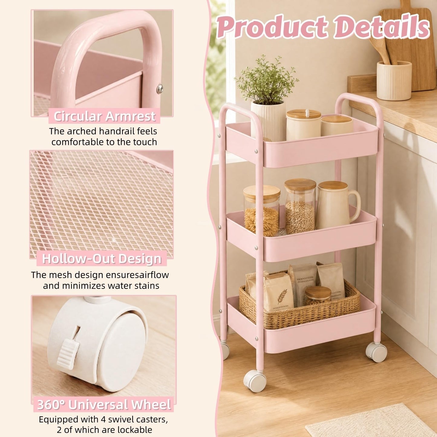 Siocok 3 Tier Metal Storage Trolley on Wheels, Storage Cart, Rolling Utility Cart, Easy Assembly for Home Kitchen, Bathroom Laundry and Office (Pink)