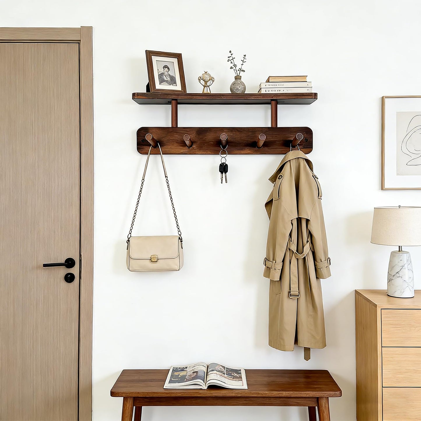 LEMIKKLE Pine Coat Hooks with Shelf, 2 Pack Coat Rack Wall Mounted