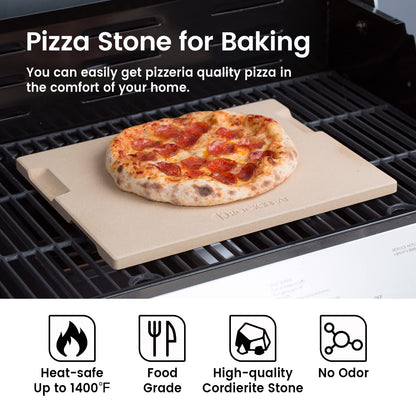 ROCKSHEAT Pizza Stone Bread Baking Stone 30 x 38cm Rectangular Stone for Oven and Grill Innovative Double-Sided Built-in Design with 4 Handles Pizza