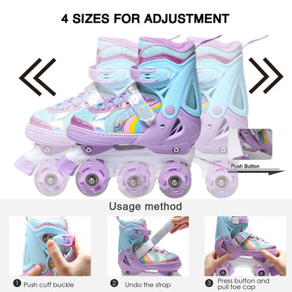 OLYSPM Roller skates kids Roller boots,8 Light up Wheels and 4 Sizes Adjustable,Quad skates with storage bag,Double-row Roller Skates for girls,boys