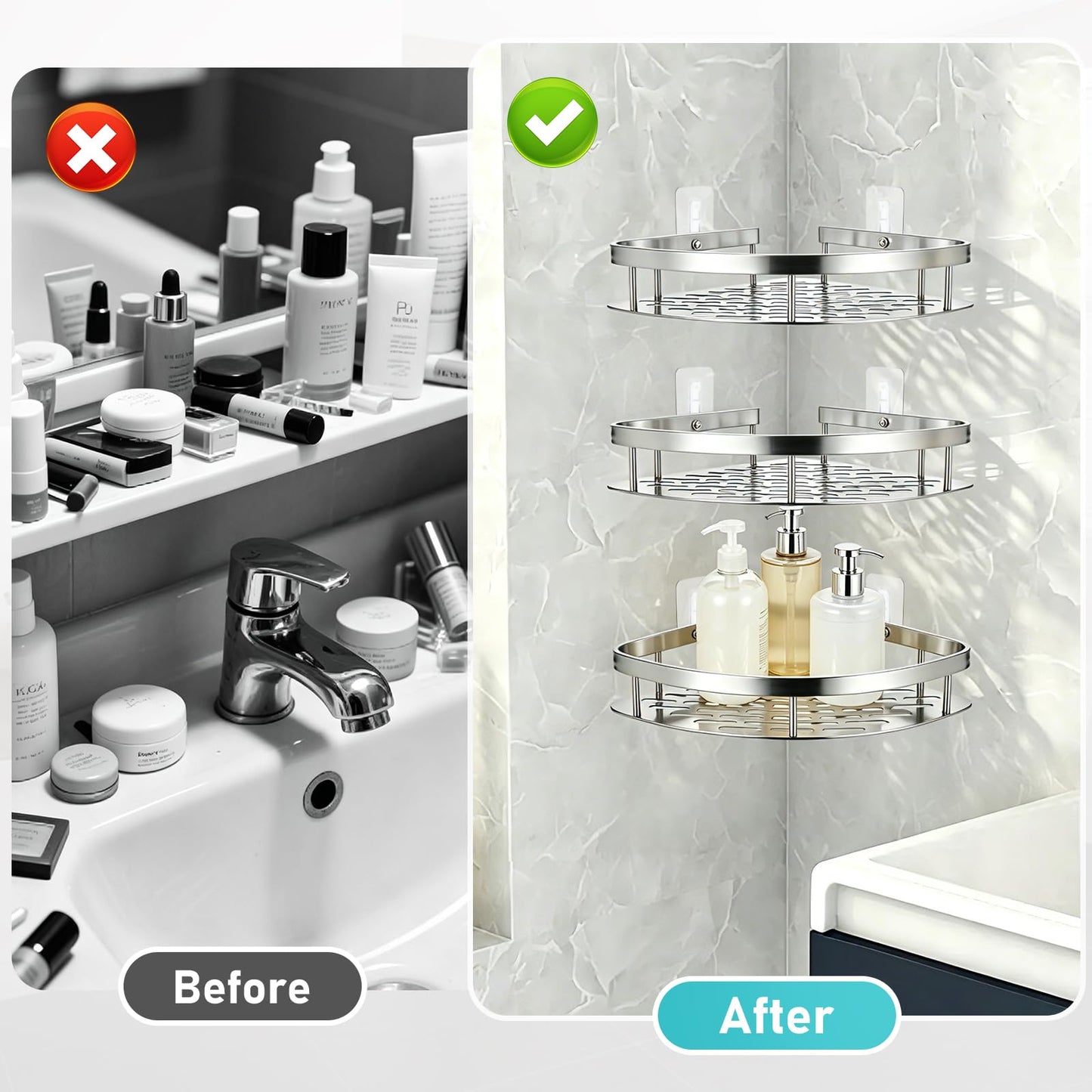 Suimlmta 3 Tier Corner Shower Caddy, No Drill Shower Shelf Organiser Wall Mounted Bathroom Shelves Storage Rack Fit for Showers Toilet Dorm Kitchen