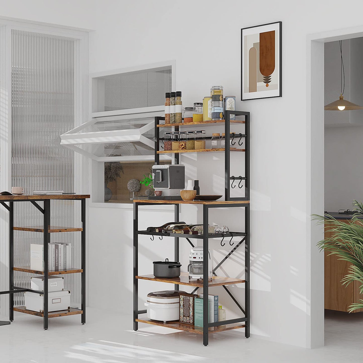 YMYNY Kitchen Baker's Rack, Microwave Oven Stand with Storage Shelves, Industrial Coffee Bar Station, with Adjustable Wine Holders and 12 S-Hooks