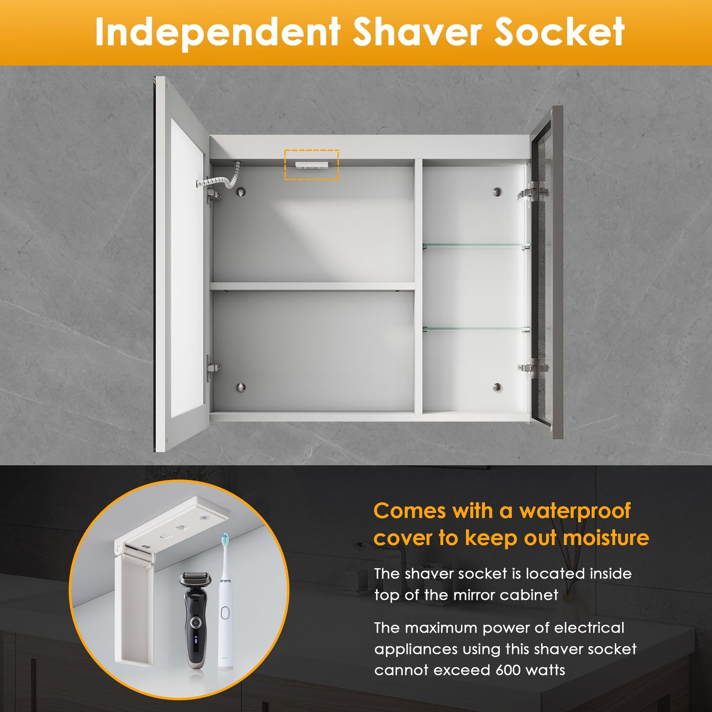 ELEGANT LED Bathroom Mirror Cabinet with Shaver Socket, Grey, 700x600mm