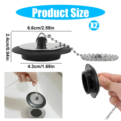 2pcs Universal Bath Plug/Sink Plug with Chain - Prevents Water Loss, Odor Prevention and Tight Seal for Bath Tubs, Kitchen Sinks & Basins
