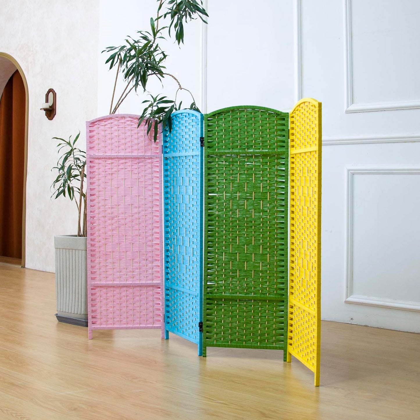 Furnnylane 4 Panel Colorful Rattan Divider Short Room Partition Screen,Double Sided Short Folding Divider for Room Separation,120 cm Tall