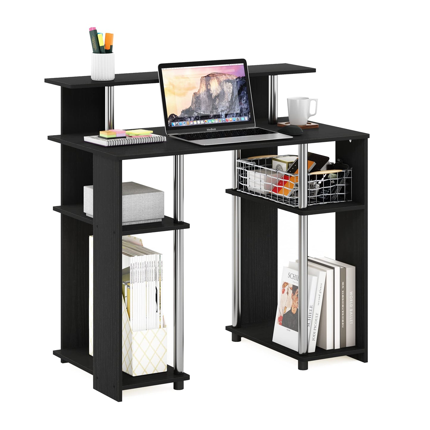 Furinno Computer Writing Desk, Engineered Wood, Americano/Stainless Steel, 51.49 (D) x 90.5 (W) x 90.6 (H) cm