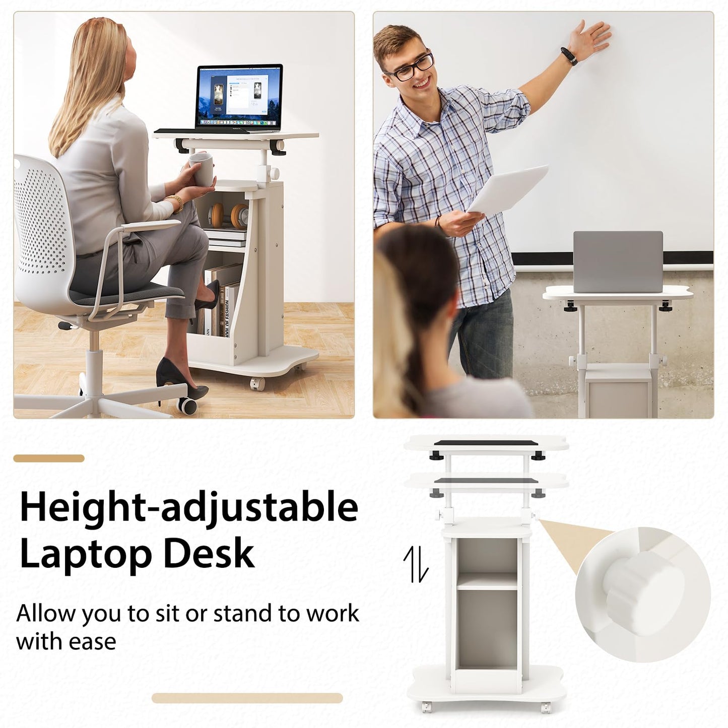 CASART Movable Laptop Table, Height Adjustable Computer Workstation with Storage Cabinet & Rolling Casters, Standing PC Desk for Home Office (White)