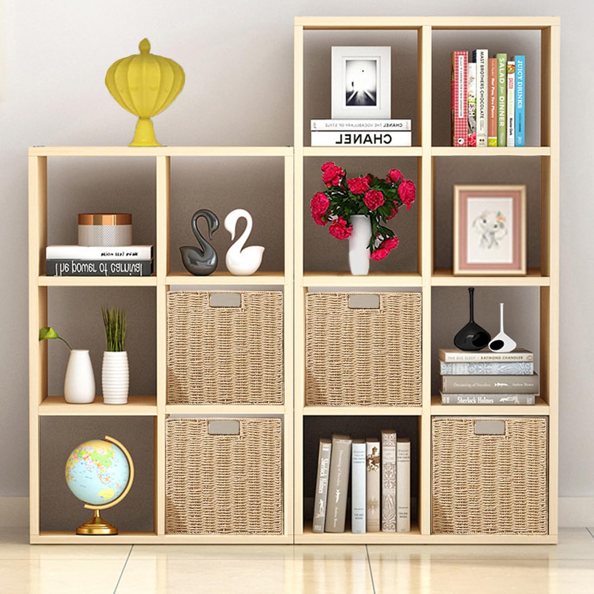 Vagusicc Wicker Storage Basket, Set of 2 Handwoven Wicker Basket, Foldable Storage Baskets Organizer Cube Bins with Handles for Shelves Bathroom