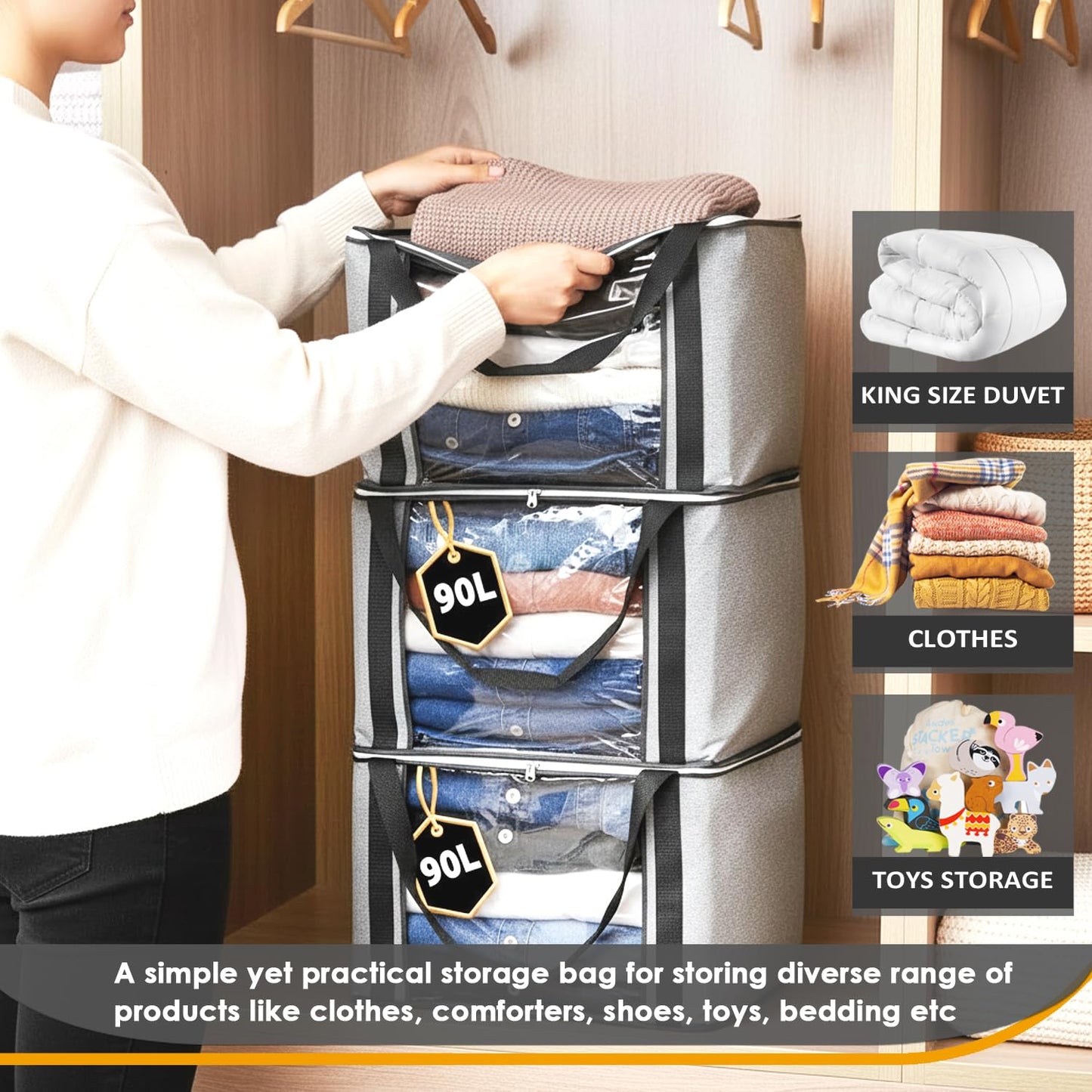 KURNI Storage Bags | Clothes Organizer Boxes, Foldable 6 Pack Grey, 90L Capacity, 3 Sided Zipper Moving Large Bag. Dust & Moisture Proof