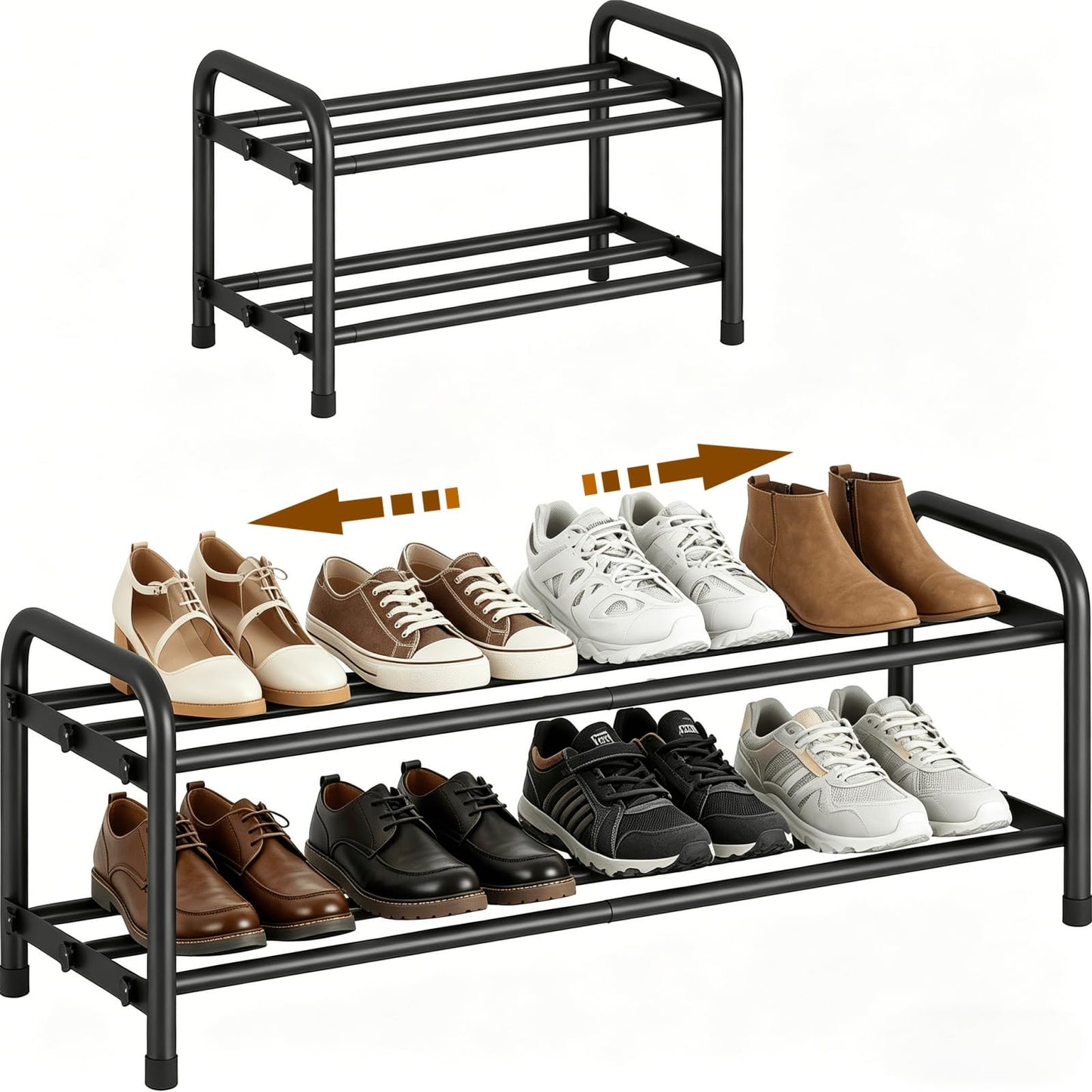 YUWHFEI Extendable Shoe Rack, 2 Tier Small Shoe Racks Adjustable Metal, Black Shoe Storage Organiser for Hallway, Inside Wardrobe, Closet, Bedroom