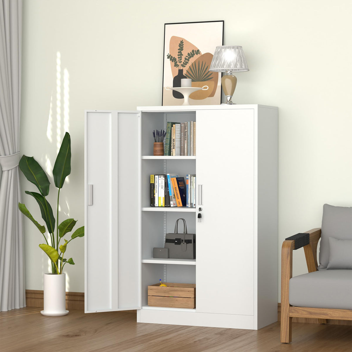 iJINGUR Metal Storage Cupboard with Locking Doors and 3 Adjustable Shelves, Lockable Steel Storage Cabinet for Home Office Garage Kitchen Pantry