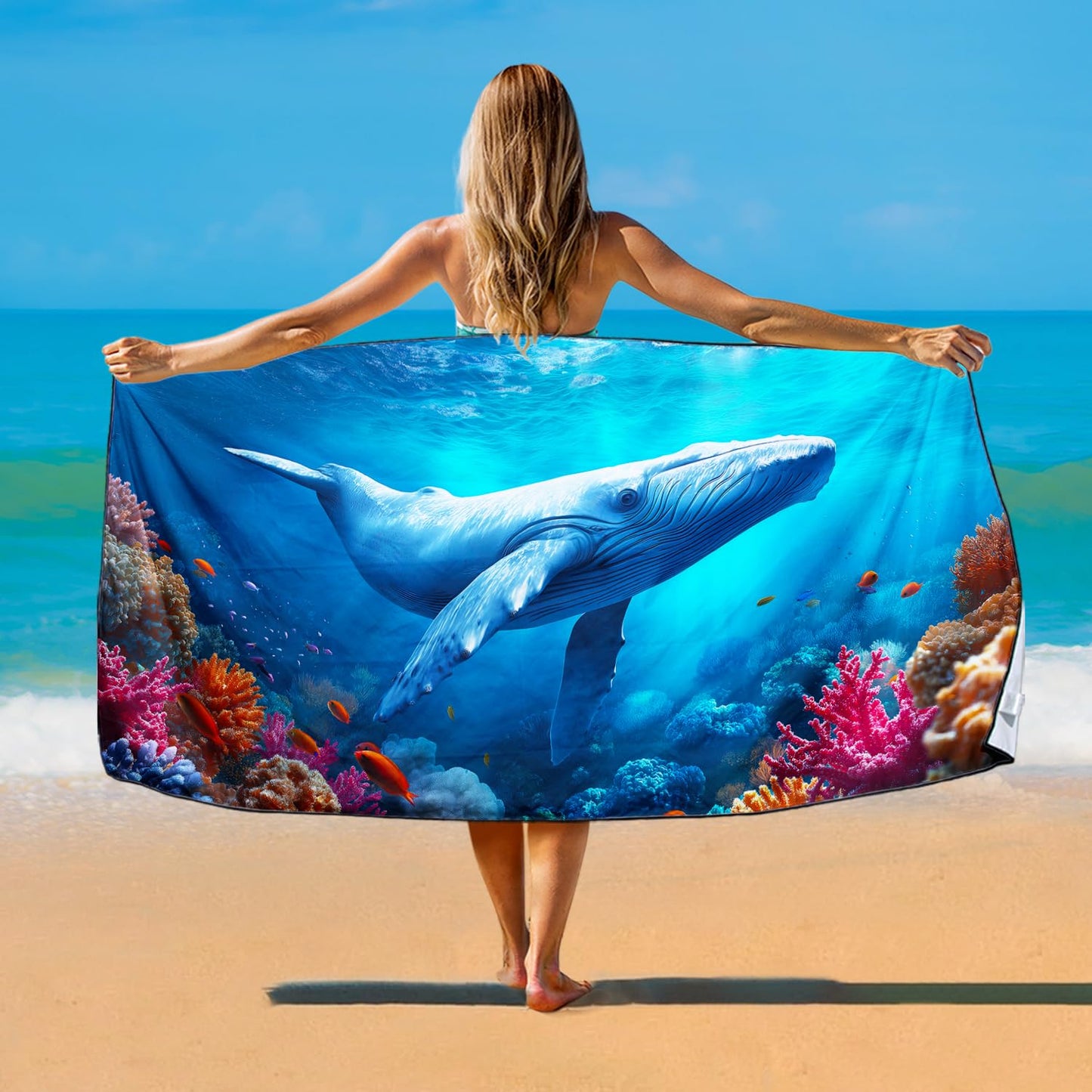 Violetpos Blue Whale Beach Towel, Extra Large 180x90 cm 250GSM Microfibre, Sand Free Quick Dry