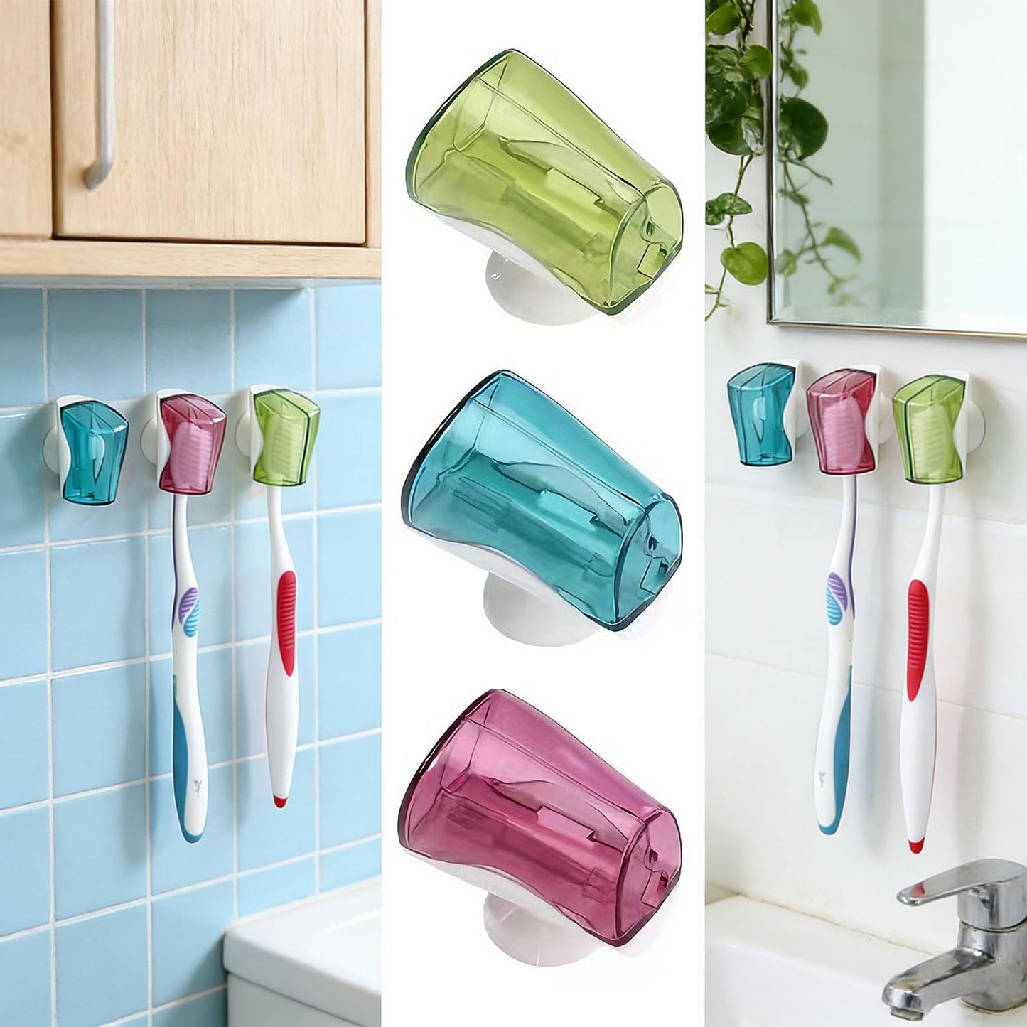 3 Pack Toothbrush Head Covers with Suction Cup, Food-Safe PC Dustproof Toothbrush Protector Caps, Wall Mounted & Portable for Bathroom, Travel