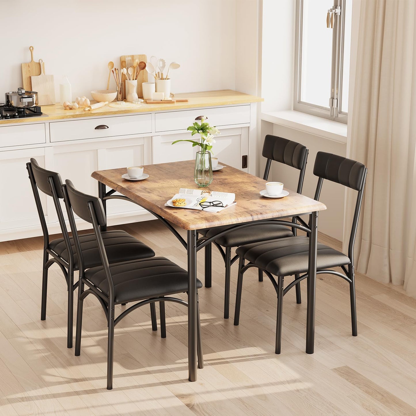 Crevyteg Modern 5-Piece Dining Table Set for 4, Sturdy Steel Frame Dining Table and Upholstered Chairs