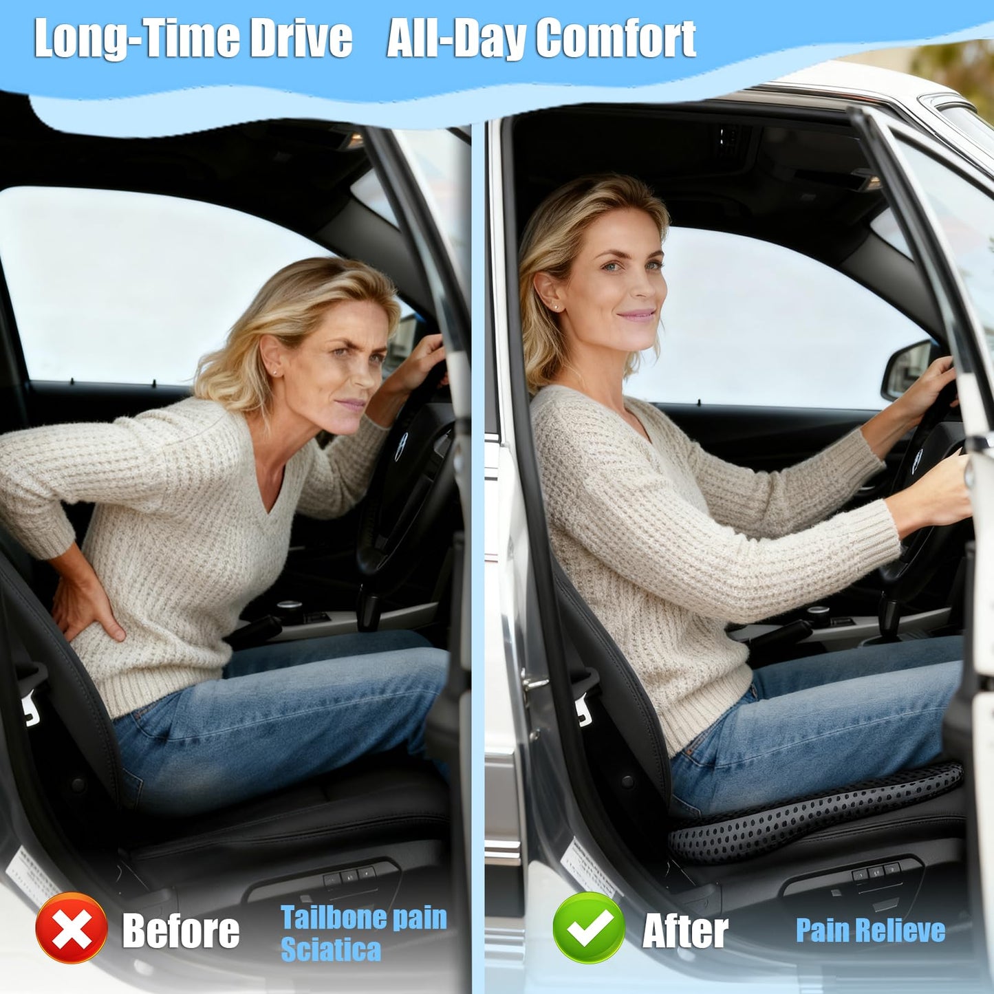 SHINWHEN Wedge Cushion Car Seat Cushion Office Chair Ergonomic Seat Cushion Orthopaedic Relief Coccyx Car Seat Cushion Reduces Pain Increases Seat