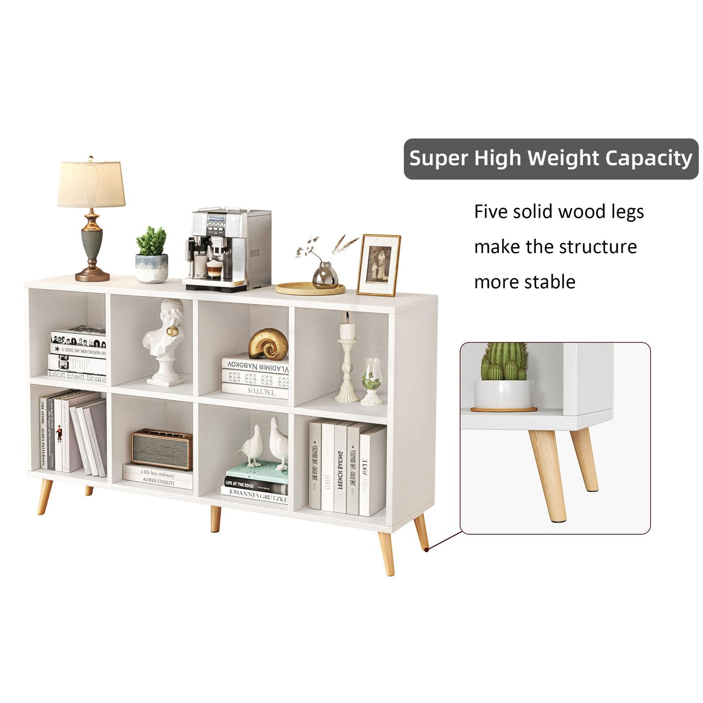 Flrrtenv 8-Cube Bookshelf 2 Tier Modern Bookcase with Legs, 120cm Wood Bookshelves Storage Organizer Shelf