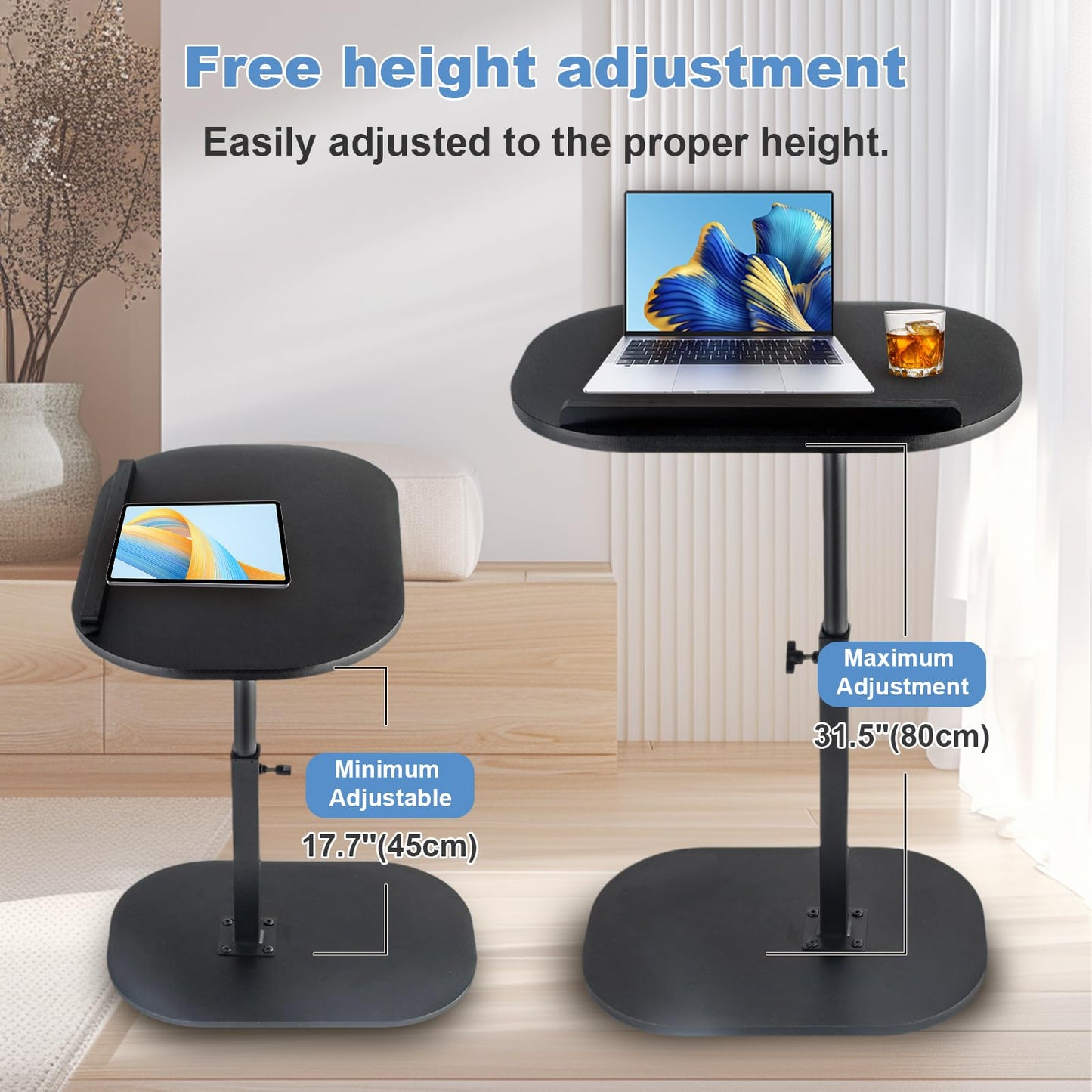 YYW Side Table TV Tray for Couch, 90° Tiltable, Height Adjustable, Black