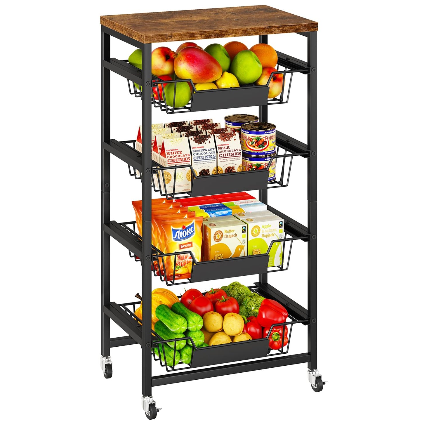 IBUYKE Kitchen Fruit Vegetable Storage Cart with Drawers,Metal Rolling Utility Cart with Fruit Basket and Wooden Top,Rolling Snack Kitchen Cart for