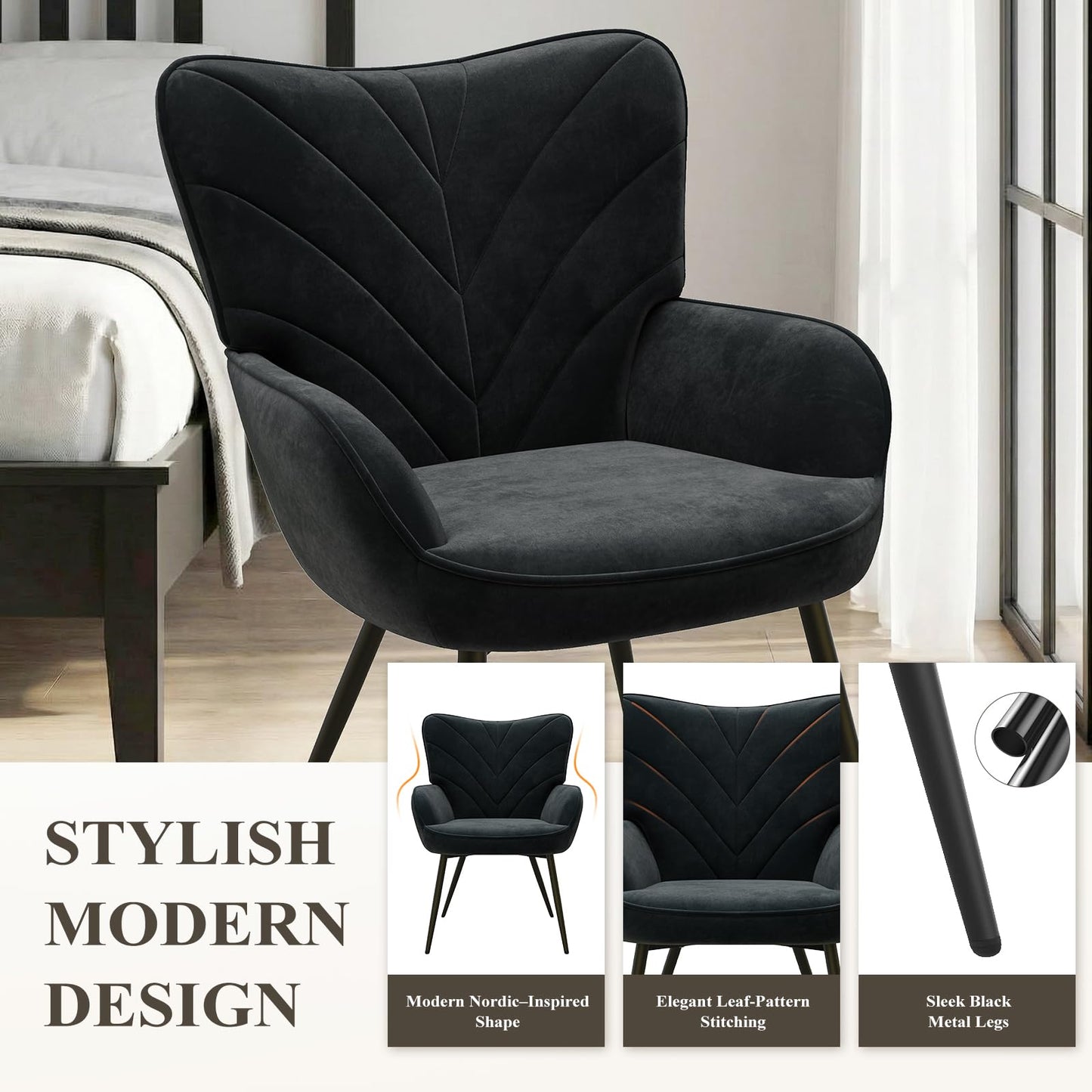 COLAMY Velvet Accent Chair with Black Metal Legs, Modern Armchair with Ergonomic Backrest