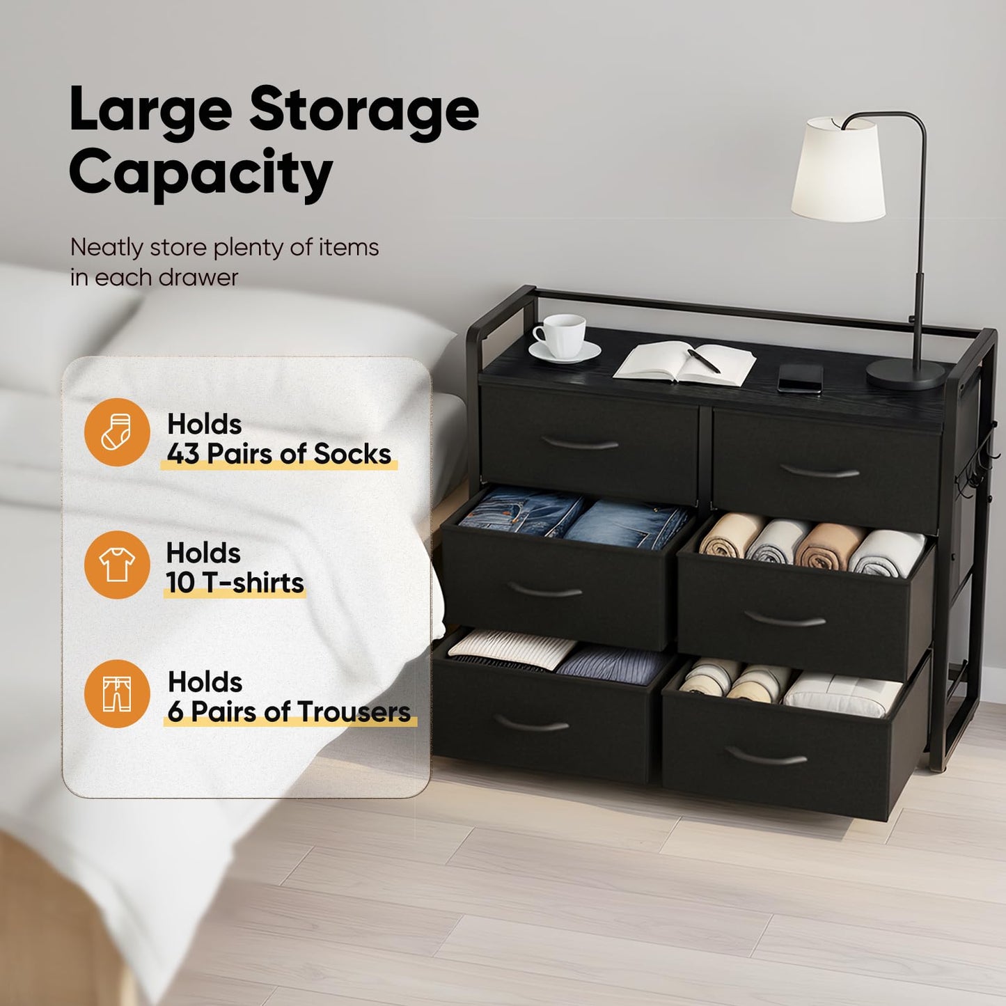 MAXLEAD Chest of Drawer with 6 Drawers, Large Capacity Storage Organiser Unit, Fabric Dresser for Bedroom, Living Room, Hallway - Black