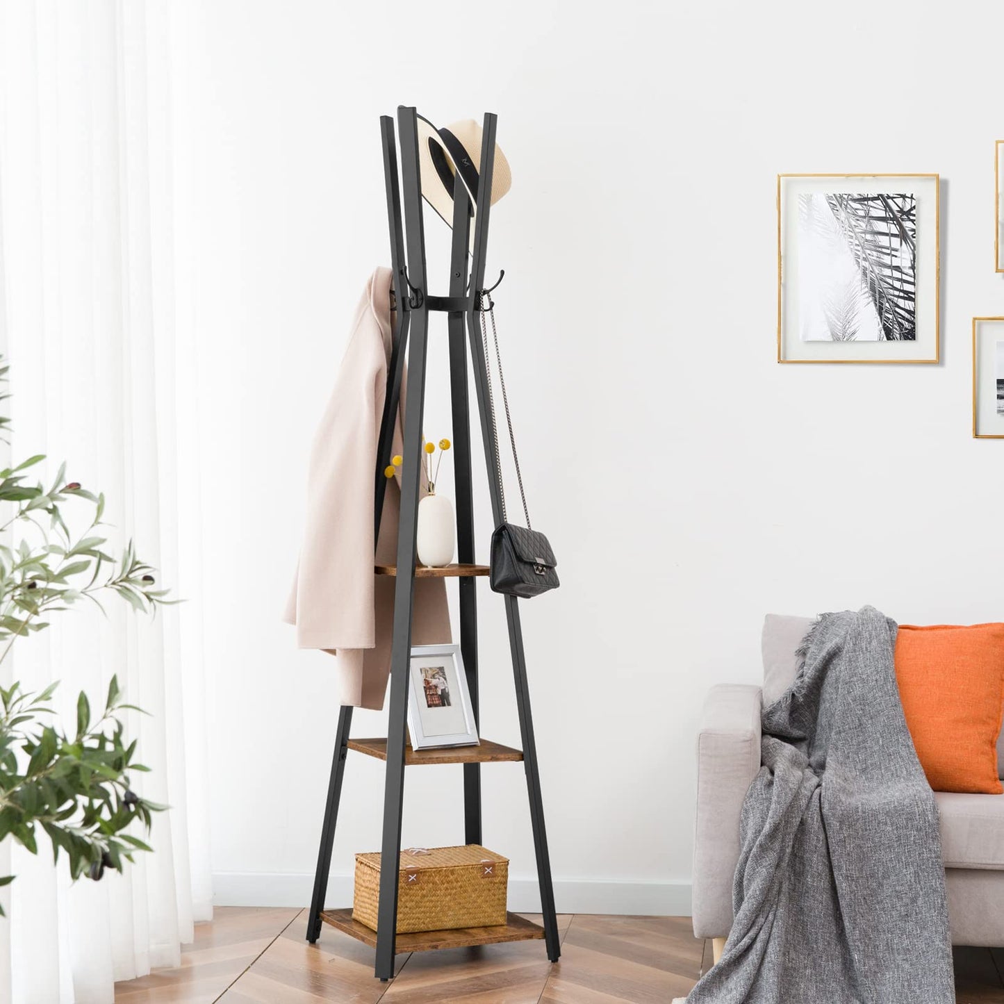 HOOBRO Coat Rack, Coat Hanger Stand, Hall Tree with 3 Storage Shelves and Hooks, for Clothes, Hats, Bags, Coat Stands for Hallway