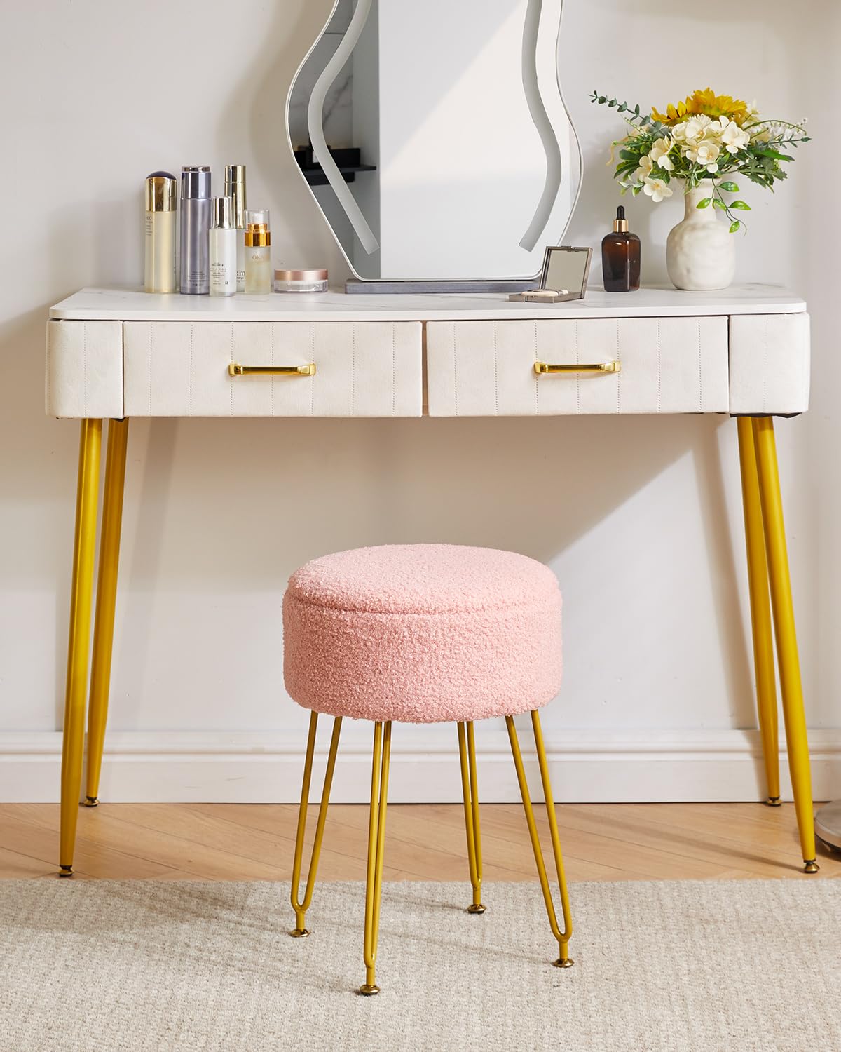 IBUYKE Makeup Vanity Stool, Teddy Velvet Storage Ottoman, Pink WBD010P