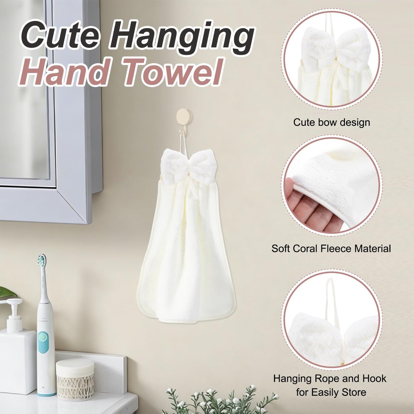 sourcing map 2Pcs Bow Hand Towels with Hanging Loop, 14.2" x 12.2" Soft Coral Fleece Microfiber Bowknot Hanging Hand Dry Towels Quick Dry and