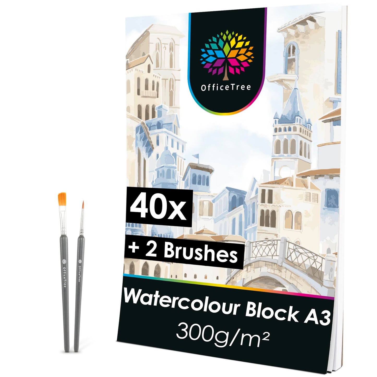 OfficeTree 40 x Watercolour Paper Pad A3-300gsm Watercolour Paper A3 White - Watercolour Pad for Drawing - A3 Watercolour Paper - 40 Sheets of Paper