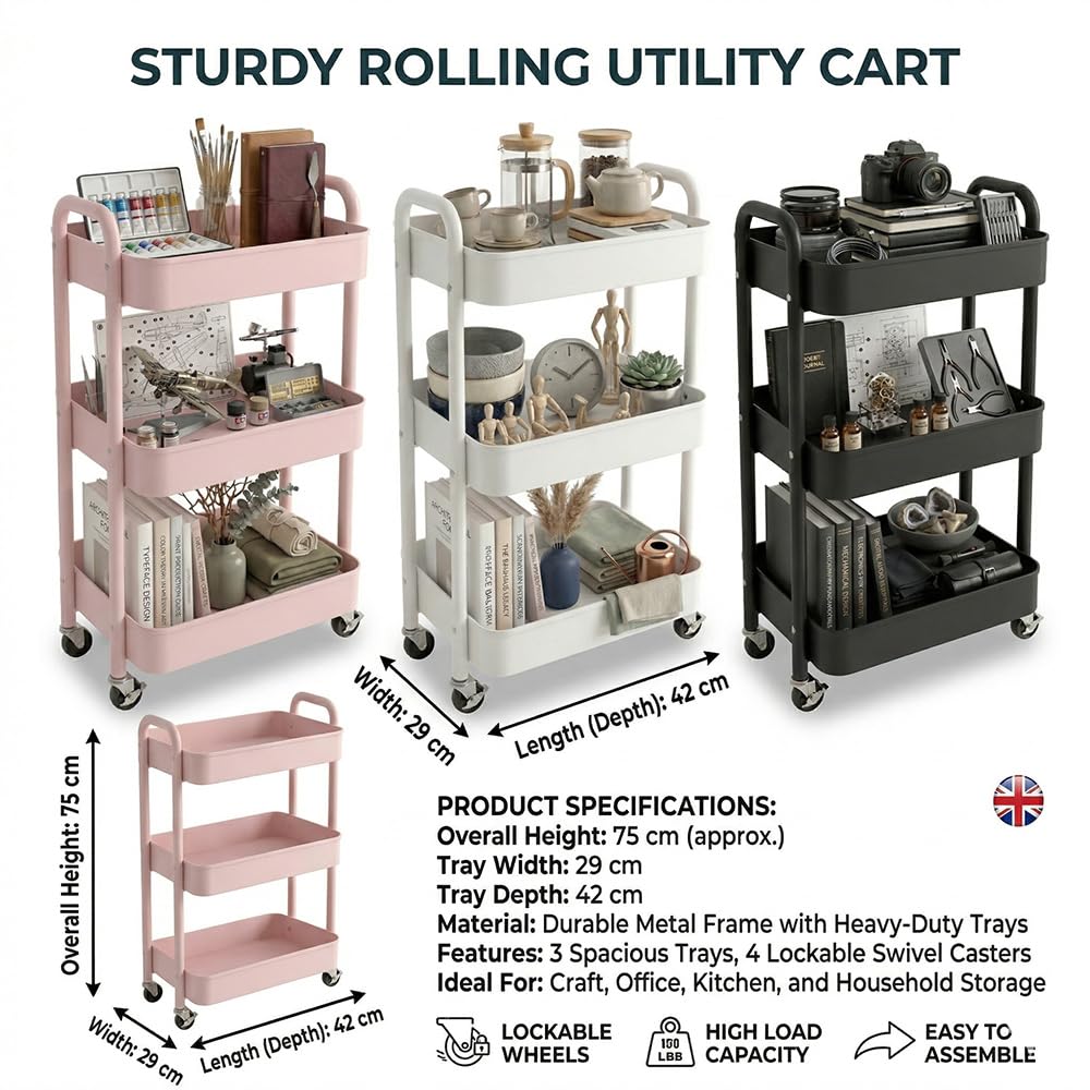 BSTHOK Storage Rolling Cart Trolley Metal Mobile Shelving Organiser with 360° Swivel Wheels for Kitchen, Bedroom