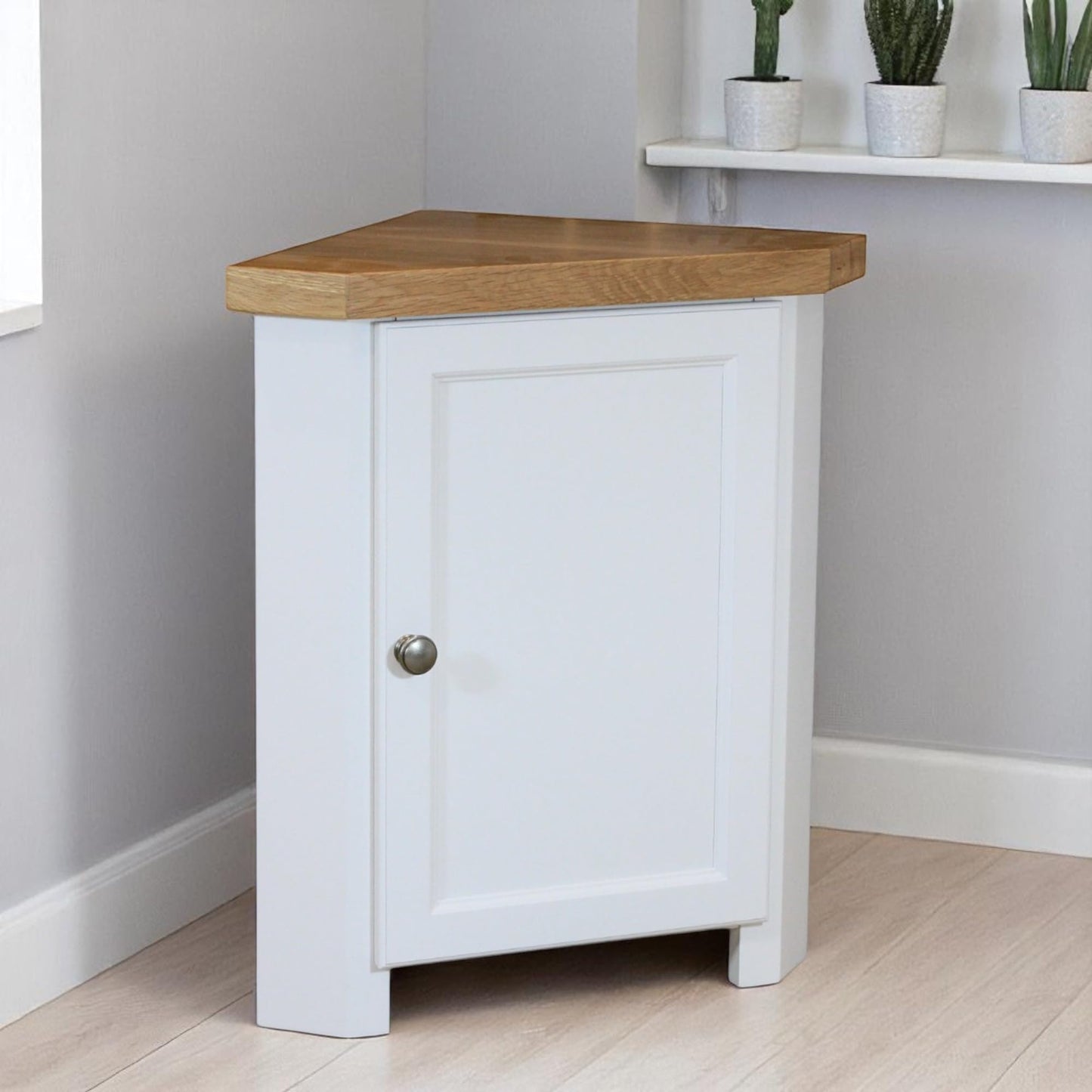 GROF Furniture Chunky Corner Unit, All White Painted Storage Cuboard, Triangle Unit Oak Top fit well in Livingroom, Bathroom & Hallway