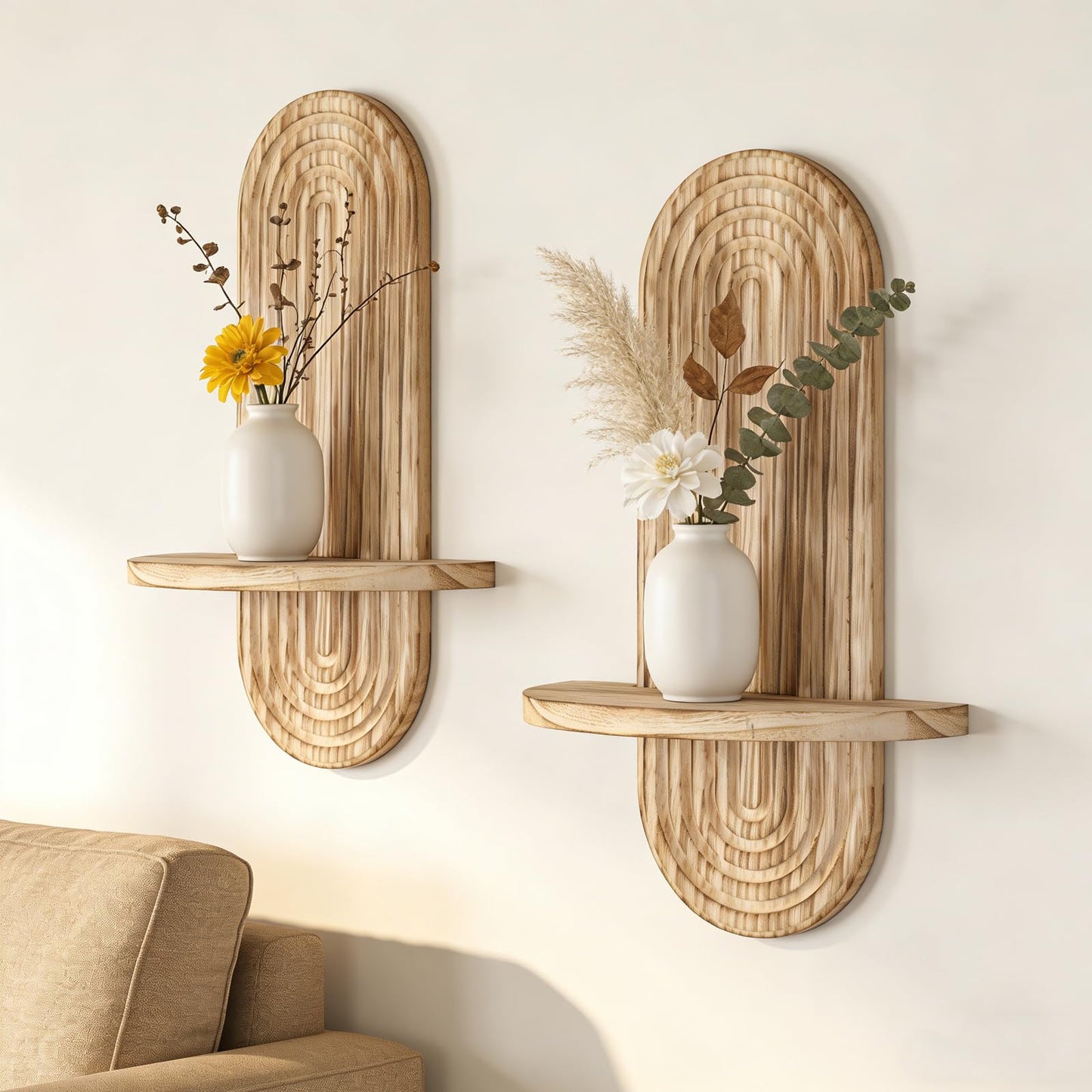 YiYa 2 Pcs Wood Shelves for Wall Decor Modern Boho Wall Shelf Arch Wood Floating Shelf Display Shelving for Hanging Plants Photo for Living Rooms