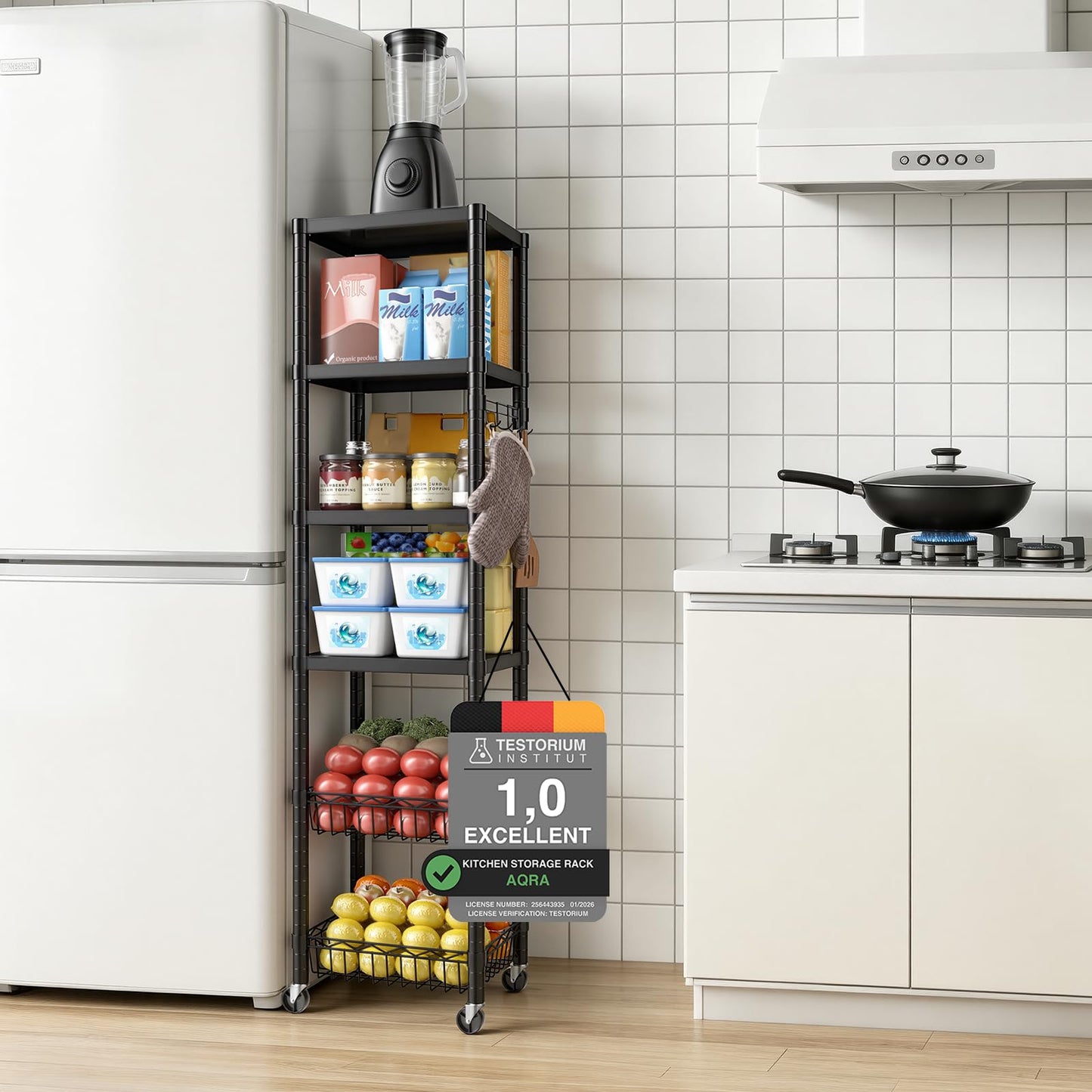 AQRA Kitchen Storage Rack, 12×16×62 in(with castors), 6-Tier Kitchen Shelving with 4 Hooks, Total Load Capacity 395 lbs