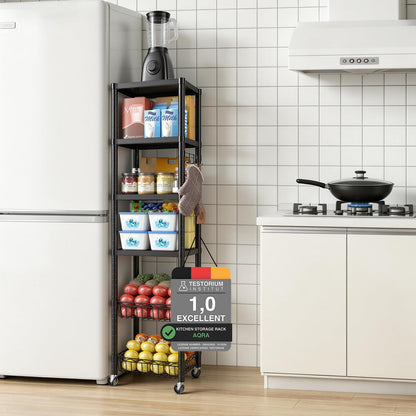 AQRA Kitchen Storage Rack, 12×16×62 inwith castors, 6-Tier Kitchen Shelving with 4 Hooks, Total Load Capacity 395 lbs