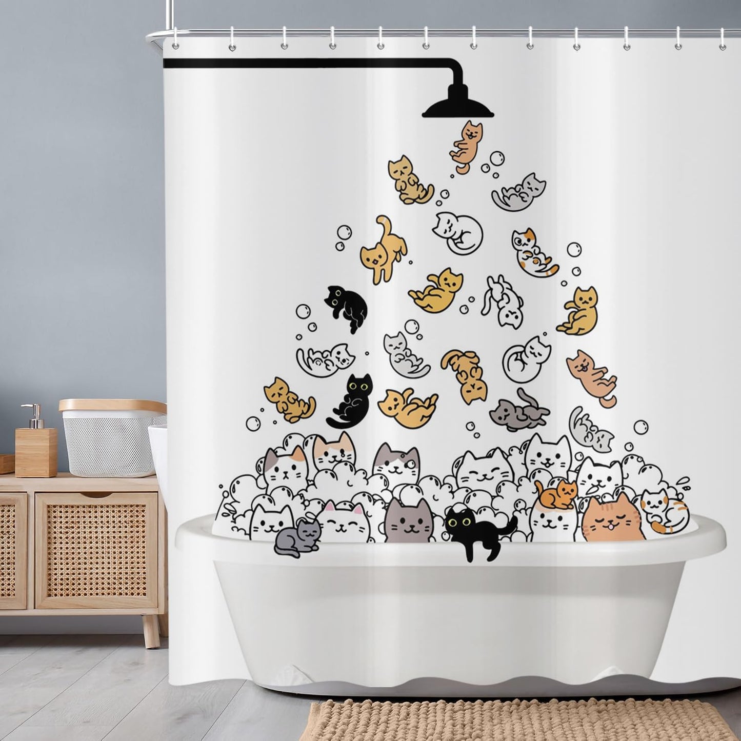 ASDCXZ Funny Cat Shower Curtain 180x200 cm, Cute Cartoon Colorful Kitten Kids Bathroom Animal Hilarious Waterproof Bath Curtain Polyester Textile