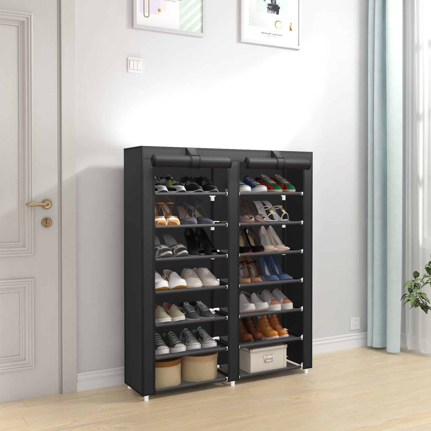 JIUYOTREE 7-Tier Dustproof Shoe Rack Holds 28 Pairs Shoes, Black
