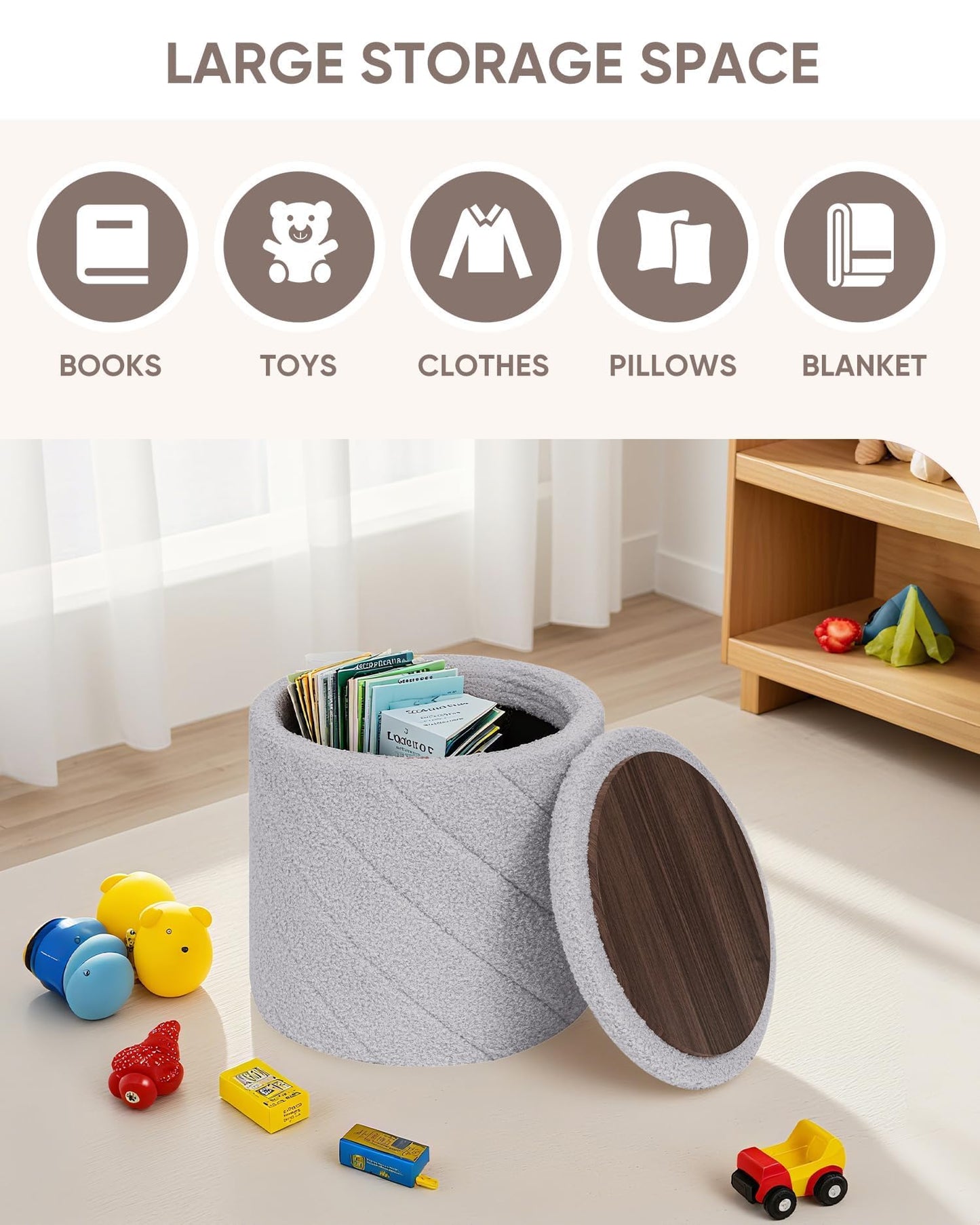 Bonlife Folding Round Ottoman Stool with Storage,Dressing Table,Grey,33cm