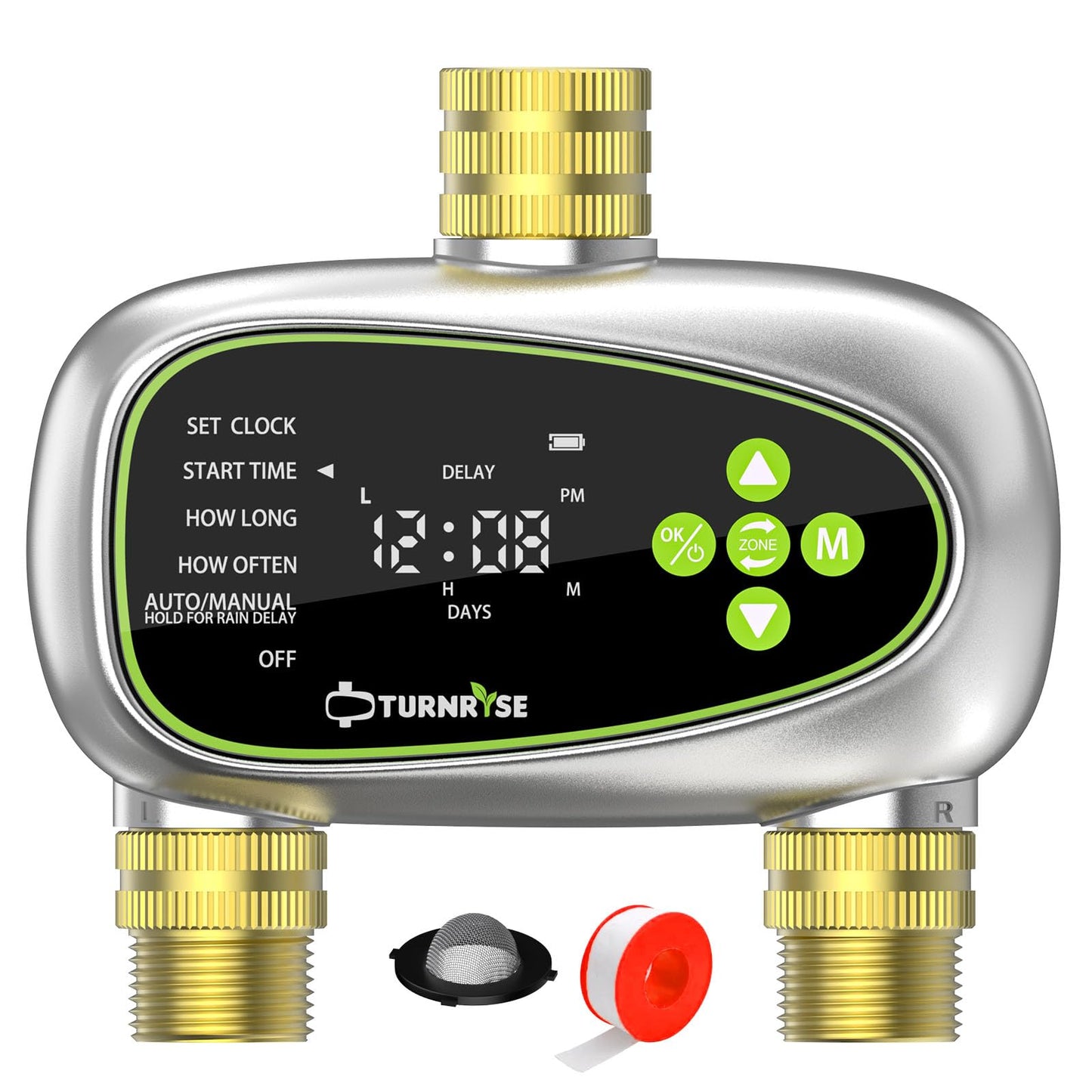 TURNRISE Water Timer 2 Outlets, Digital Sprinkler Timer for Irrigation with Brass Inlet and Outlet, Rain Delay/Manual Watering/Automatic WateringTimer