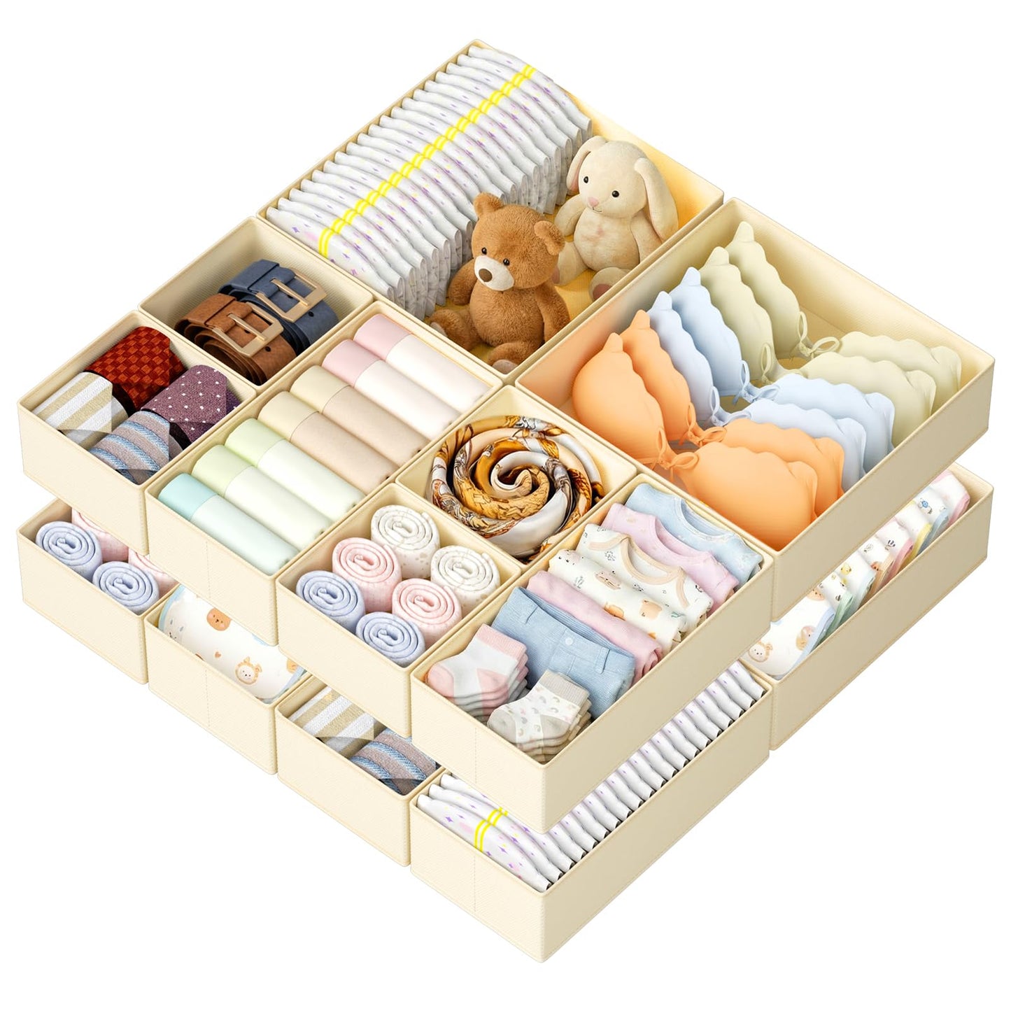 DIMJ Drawer Organisers and Clothes Dividers - 12 Pack Fabric Wardrobe Storage Cubes Foldable Draw Box for Socks, Underwear, Baby Clothing, Ties