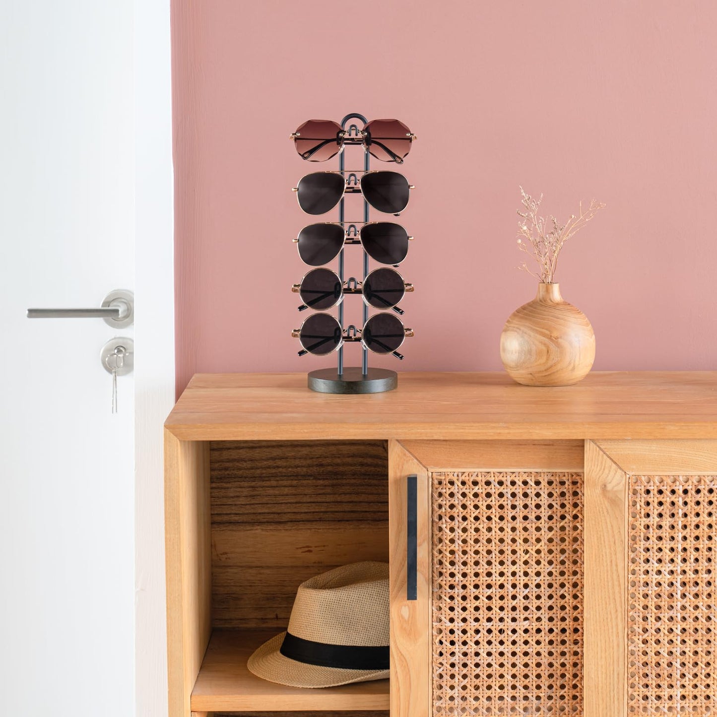 Mkono Sunglasses Organizer Glasses Holder Stand Sunglass Storage Eyeglasses Rack Metal Frame with Wood Base for 5 Pairs of Eyewear Display for Table