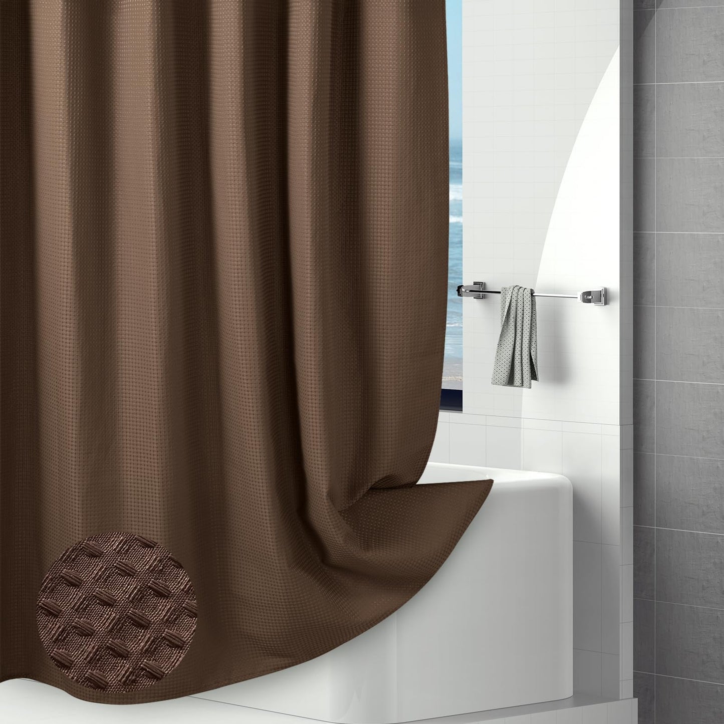 Hotel Style Waffle Weave Shower Curtain, Water Repellent Heavy Duty Fabric Texture Bath Curtain with Weighted Hem