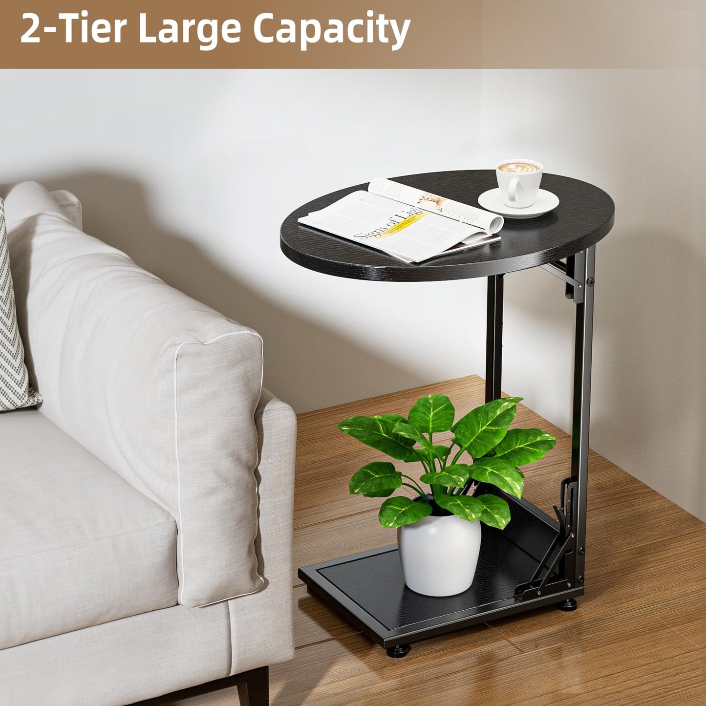 Mutool C Shaped Side Table, Foldable Round Sofa Table with Metal Frame, Small Coffee Table for Living Room Bedroom Office, Black