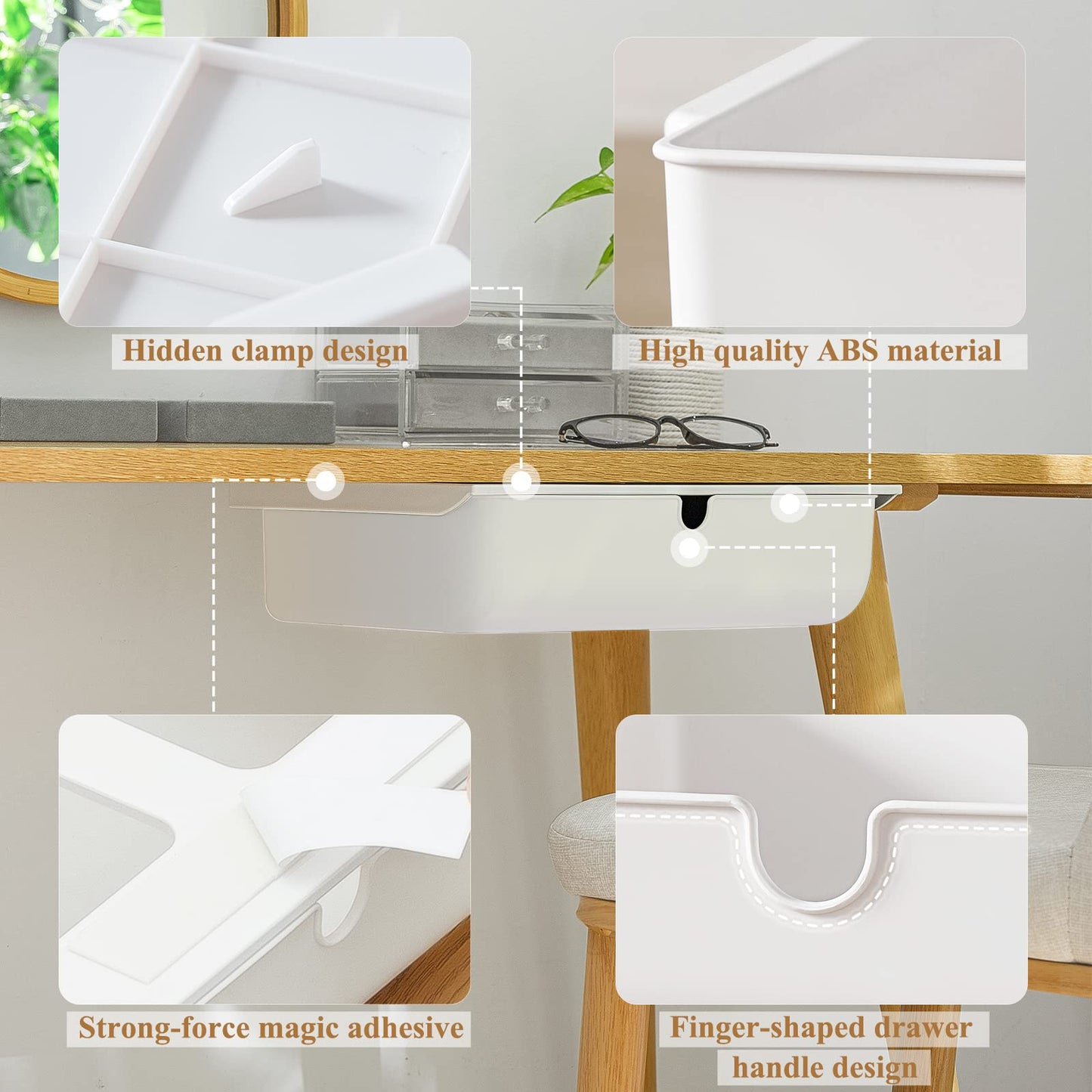 FRETONBA 2 Under Desk Drawer, White Hidden Organizer, Self-adhesive