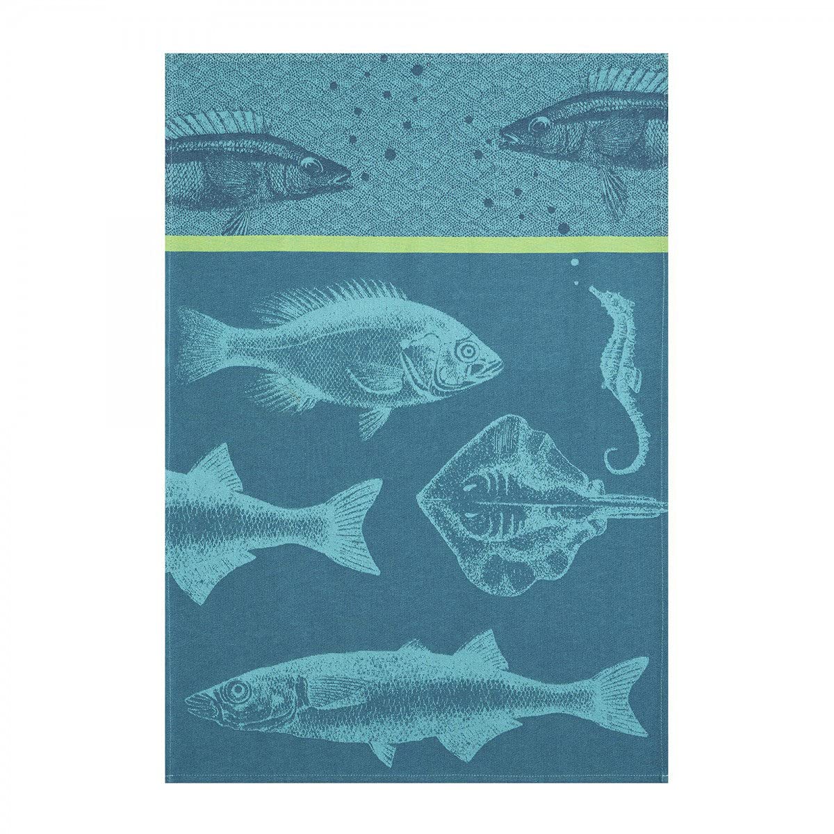 Coucke French Cotton Jacquard Blue Fish Bench Towel 20" x 30" Turquoise