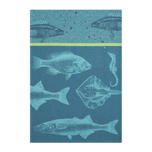 Coucke French Cotton Jacquard Blue Fish Bench Towel 20" x 30" Turquoise