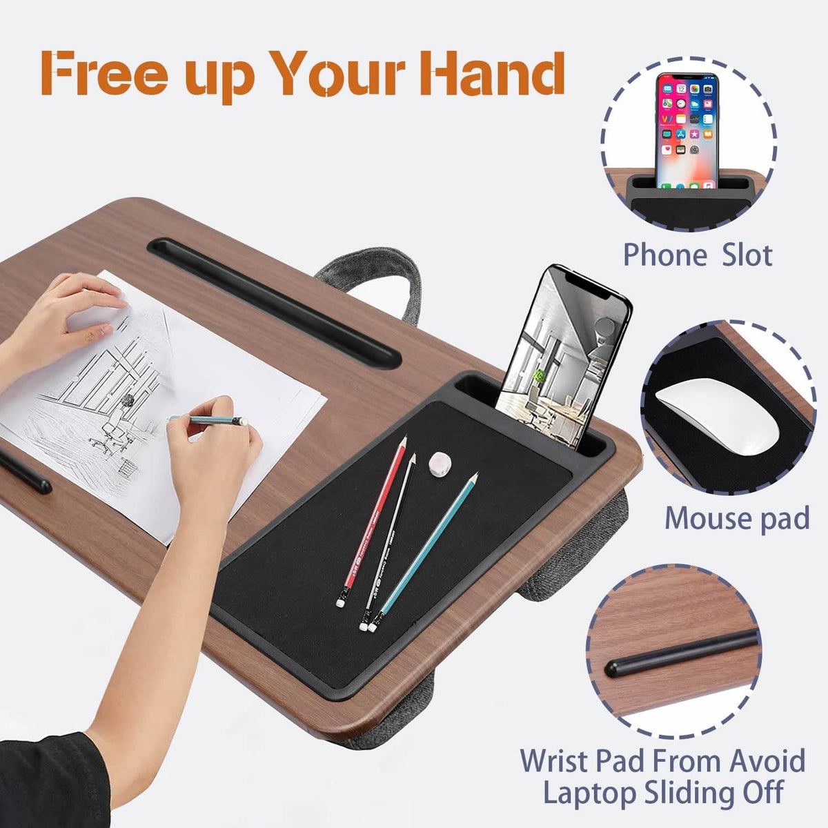 Multi-Purpose Home Office Lap Desk Laptop Tray Bed Desk With Mouse Pad and Phone Tablet Holder - Walnut