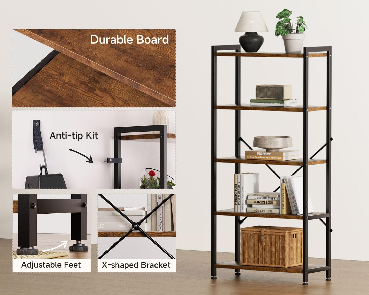 Coleshome 5-Tier Book Shelf Display Rustic Brown Industrial Bookcase