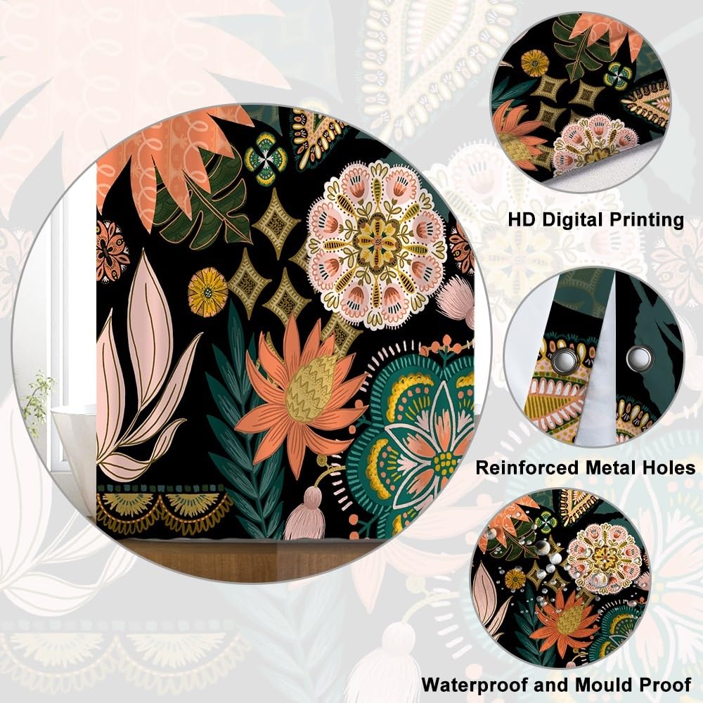 Uiiooazy Boho Shower Curtain, Floral Green Leaves Bohemian Tropical Plant Bath Curtain Anti Mildew Waterproof Polyester Fabric Opaque Washable Shower